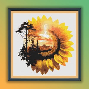 Aquarell Sonnenblume Sonnenuntergang Kreuzstich PDF Muster, Berge Wald Landschaft, Handstickerei, moderne Kreuzstichvorlage