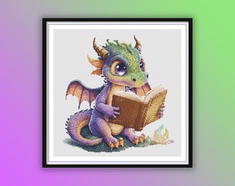 Whimsical Watercolor Dragon Reading Book Cross Stitch Pattern - PDF for Nursery Decor & Embroidery
