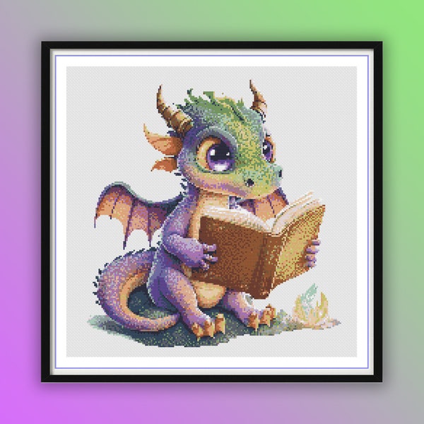 Watercolor Cute Dragon Reading Book Counted Cross Stitch PDF Pattern, Cute Animals, Student Dragon, Hand Embroidery, Modern Cross Stitch