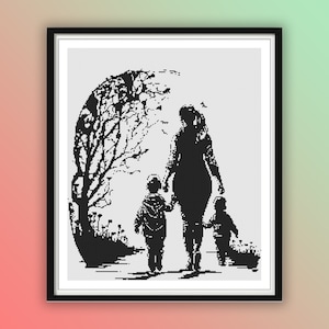 Aquarel moeder en kinderen getelde kruissteek pdf-patroon, Moederdag handborduurwerk, familieposter, moderne kruissteek