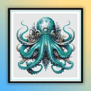 May include: A teal blue octopus with a steampunk design. The octopus has eight tentacles and is surrounded by gears and pipes.