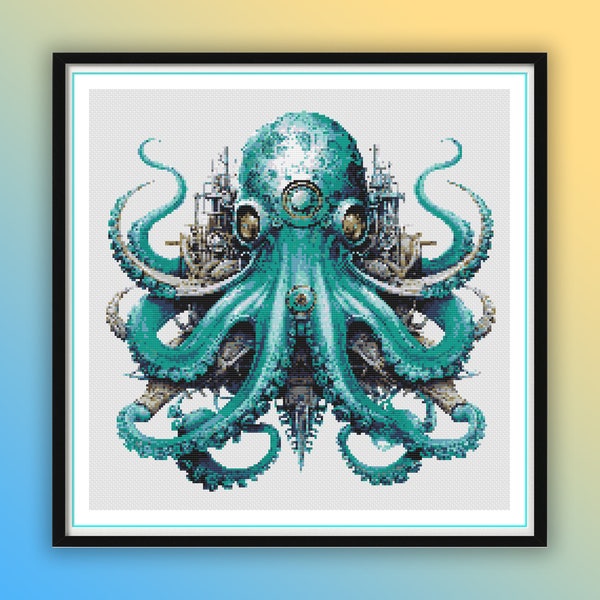 Aquarelle Steampunk Octopus Compté Cross Stitch PDF Pattern, Animaux de l'océan, Vie sous-marine, Tableau de point de croix moderne, Broderie à la main