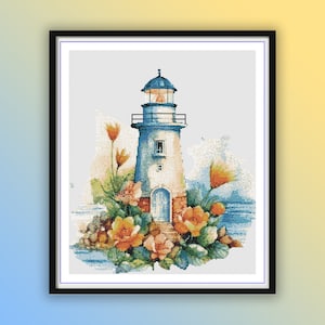 Floral Lighthouse Seascape Watercolor Cross Stitch Pattern: Digital PDF Download for Crafters