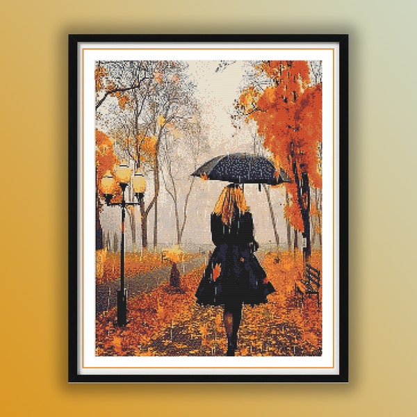 Lady With Umbrella Counted Cross Stitch PDF Pattern, Rainy Autumn Day, Autumn Forest Trees, Hand Embroidery, Needlepoint