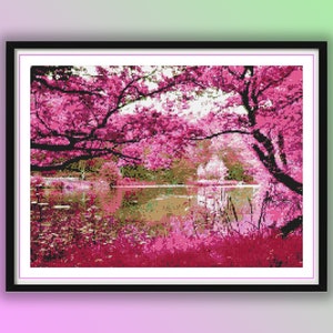 Aquarel kersenbloesemboom aan het meerlandschap geteld kruissteek pdf-patroon, boom met roze bloemen, olieverfschilderij, handborduurwerk