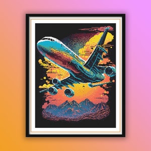 Puede incluir: Una ilustración colorida de un avión volando sobre una cordillera al atardecer. El avión es azul, rojo y amarillo, y las montañas son moradas y azules. El cielo es azul oscuro con nubes naranja y amarillas.