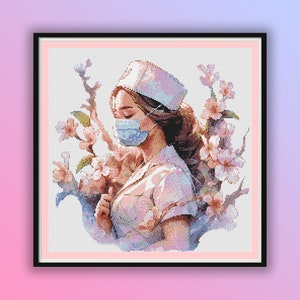 Modern Watercolor Floral Nurse Cross Stitch Chart - Hand Embroidery PDF Pattern for Medical Professionals