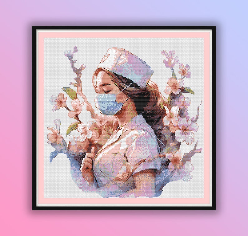 May include: A cross-stitch pattern of a nurse wearing a face mask and a white uniform, surrounded by pink flowers. The nurse is looking down with her eyes closed.