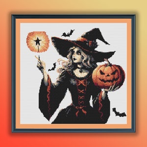 Aquarel Halloween heks getelde kruissteek pdf-patroon, moderne kruissteekkaart, handborduurwerk
