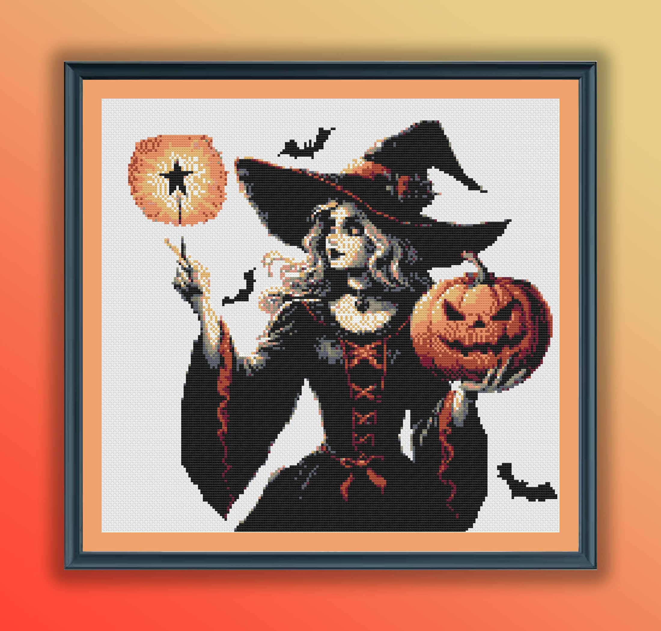 Spooky Watercolor Witch Halloween Cross Stitch Pattern: Modern PDF Chart for Hand Embroidery