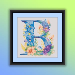 Patrón de punto de cruz en PDF, letra B con flores de acuarela, flores de primavera, alfabeto floral, bordado a mano, gráfico de punto de cruz moderno