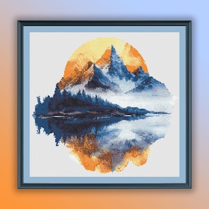 Aquarell Mondansicht mit Bergen Kreuzstich PDF Muster, See und Wald, moderne Kreuzstichvorlage, Handstickerei