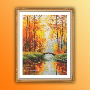Aquarel herfst bos rivier getelde kruissteek pdf-patroon - herfstlandschap borduurwerk