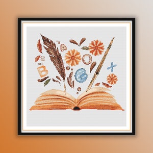 Watercolor Book Lover Counted Cross Stitch PDF Pattern, Old Books and Flowers, Bookworms, Instatnt Download Hand Embroidery