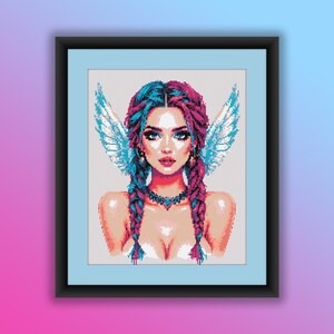 May include: A digital painting of a woman with blue and pink hair, wearing a necklace and white wings. Her eyes are blue and she is looking directly at the viewer.