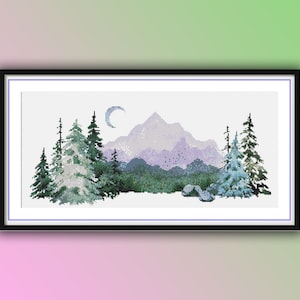 Aquarell Wald und Berge Kreuzstich PDF Muster, Regenwald Landschaft, Herbstwald, Handstickerei, Nadelspitze