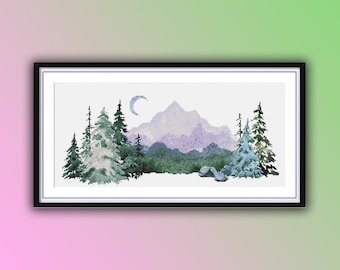 Watercolor Mountain Pine Forest Landscape Cross Stitch Pattern - Digital PDF Download Chart