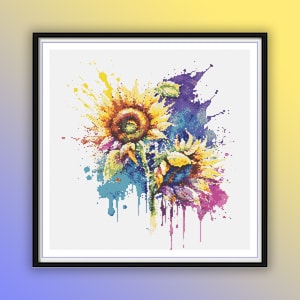 Vibrant Watercolor Sunflower Bouquet Cross Stitch Pattern - Modern Floral PDF Chart for Crafters