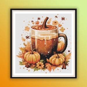 Watercolor Pumpkin Spice Latte Cross Stitch Pattern: Autumn Coffee Embroidery for Thanksgiving Decor