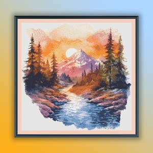 Aquarell Berge Fluss Landschaft Kreuzstich PDF Muster, moderne Kreuzstichvorlage, Handstickerei