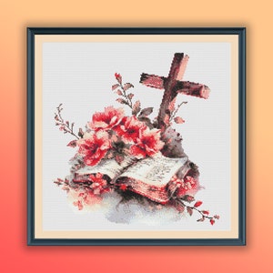 Pode incluir: Uma cruz com textura de madeira é colocada em uma pilha de pedras com flores vermelhas e um livro fechado. As flores são de um vermelho vibrante com um efeito aquarela.