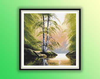 美しい秋の湖畔林の風景を描いたクロスステッチの図案（PDF） - 水彩