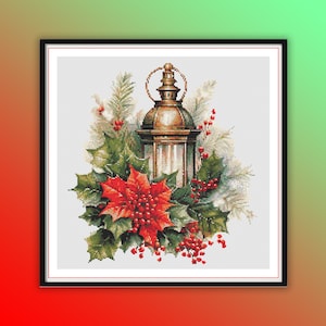 Aquarel vintage kerstlantaarn getelde kruissteek pdf-patroon, kersthulst, handborduurwerk, moderne kruissteektabel