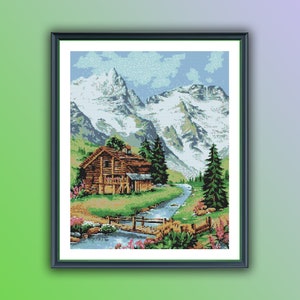 Aquarell Berge Landschaft Kreuzstich PDF Muster, Dorflandschaft, Waldlandschaft, Dorfhaus, Handstickerei