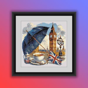 Può includere: Un dipinto di Big Ben, l'iconica torre dell'orologio di Londra, in Inghilterra. Un ombrello blu aperto sopra una tazza di tè e un piatto di biscotti. La bandiera dell'Unione Jack è in primo piano.