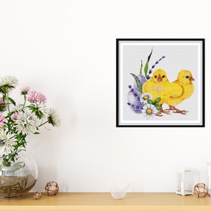 Watercolor Happy Easter Chicks and Eggs Counted Cross Stitch PDF Pattern, Easter Flowers, Easter Farm Animals, Easter Home Decor, Embroidery image 7