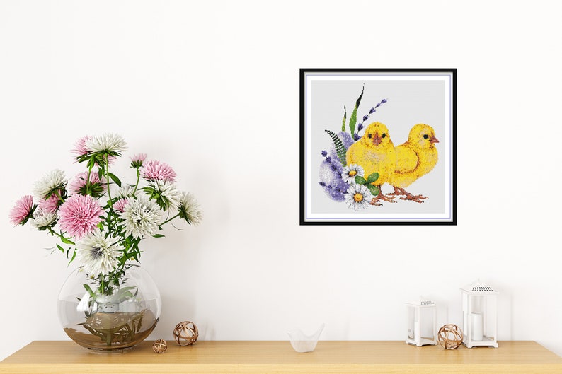 Watercolor Happy Easter Chicks and Eggs Counted Cross Stitch PDF Pattern, Easter Flowers, Easter Farm Animals, Easter Home Decor, Embroidery image 7