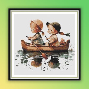May include: Two children in a canoe on a lake. The girl in the front is wearing a plaid shirt and a straw hat. The boy in the back is wearing a green shirt and a brown hat. They are both smiling and holding paddles.