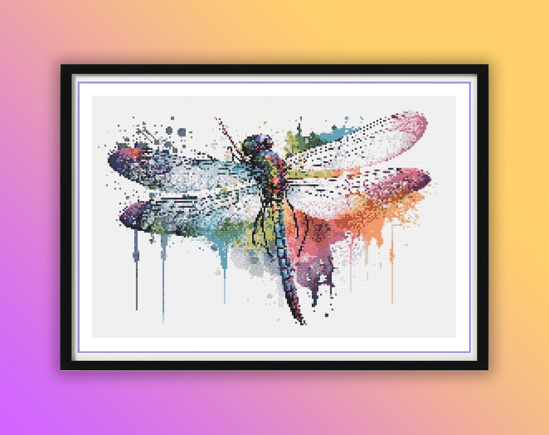 Watercolor Dragonfly Counted Cross Stitch PDF Pattern, Colorful