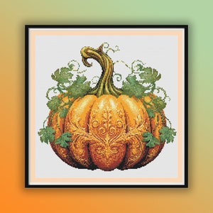 Retro Farmhouse Watercolor Pumpkin Cross Stitch Pattern - Thanksgiving Fall Embroidery PDF Chart