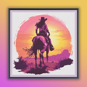 May include: A silhouette of a person riding a horse against a sunset background. The sunset is a vibrant orange and pink, with a circular shape around the horse and rider.