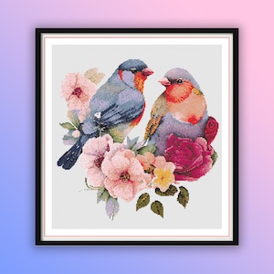 Watercolor Finch Cross Stitch Pattern: Birds and Flowers (PDF Pattern)