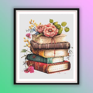 Aquarel vintage bloemenboeken getelde kruissteek pdf-patroon, oude boeken en bloemen, moderne kruissteek, handborduurwerk