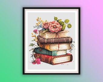 Watercolor Vintage Floral Books Counted Cross Stitch PDF Pattern, Old Books and Flowers, Modern Cross Stitch, Hand Embroidery