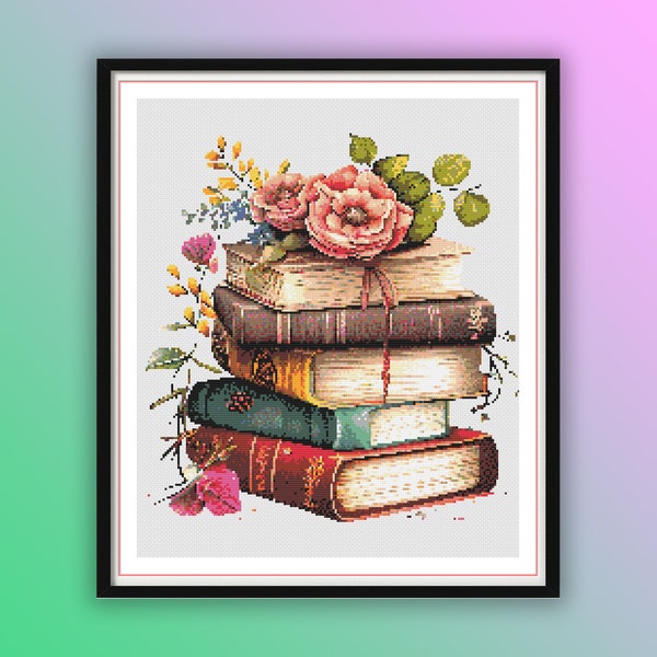 Watercolor Vintage Floral Books Counted Cross Stitch PDF Pattern, Old Books and Flowers, Modern Cross Stitch, Hand Embroidery