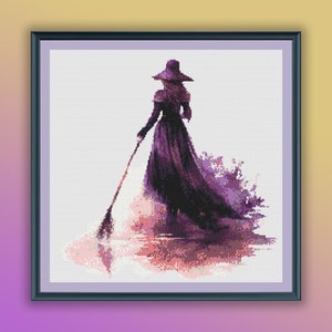 Aquarel Halloween heks getelde kruissteek pdf-patroon, moderne kruissteekkaart, handborduurwerk