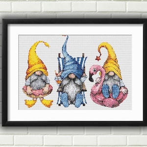 Watercolor Beach Gnomes Cross Stitch Pattern: Summery Palm-Themed Counted PDF Design for Crafters