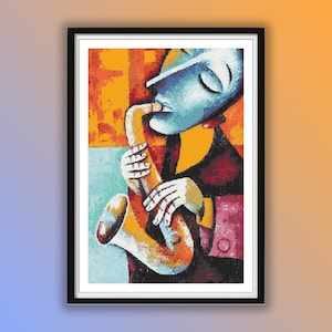 Playing Saxophone Art Counted Cross Stitch PDF Pattern, Marinne Vias Arts, Modern Arts Cross Stitch, Hand Embroidery