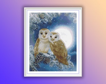 Enchanting Snow Owls in Winter Forest Cross Stitch Pattern - Counted PDF for Hand Embroidery