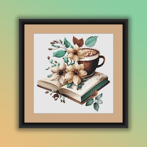 Patrón de punto de cruz contado en PDF de libros florales retro con café, acuarela, libros antiguos, gráfico de punto de cruz moderno, bordado a mano
