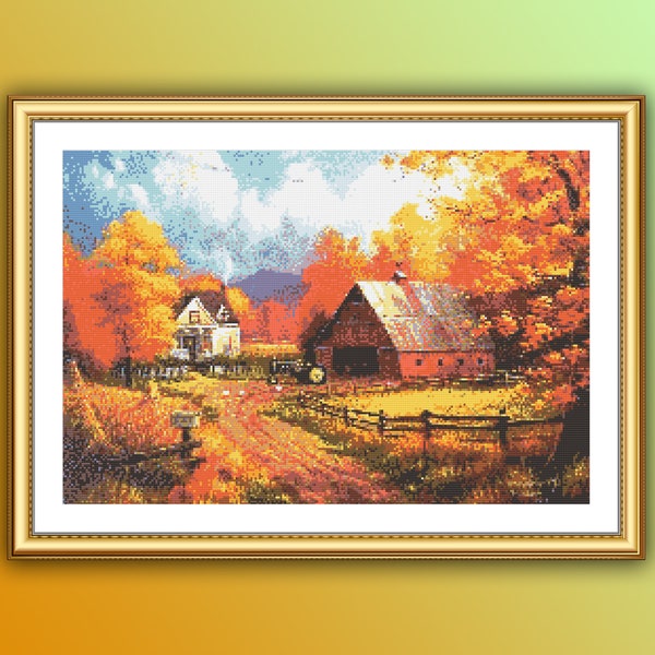Autumn at Village Watercolor Landscape Counted Cross Stitch PDF Pattern, Fall Trees, Rustic Wooden Barn, Harvest, Fall Embroidery