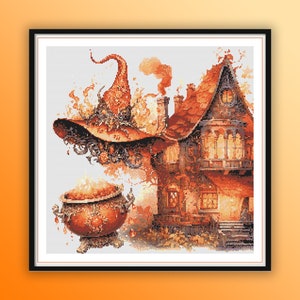 Aquarel Halloween brandheks huis getelde kruissteek pdf-patroon, spookachtige halloween, moderne kruissteekkaart, handborduurwerk