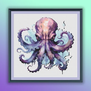 Puede incluir: Un pulpo morado y rosa sobre un fondo blanco. El pulpo tiene ocho tentáculos y está en una pose amenazante. El fondo es un diseño de estilo acuarela.