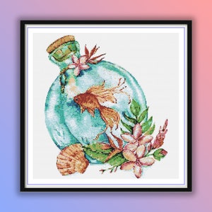 Watercolor Fish in a Floral Glass Bottle Counted PDF Cross Stitch Pattern, Aqua World, Modern Cross Stitch Chart, Hand Embroidery