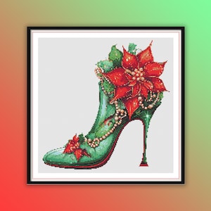 Patrón de punto de cruz en PDF con zapatos de tacón alto con motivos navideños con flores de acuarela, punto de cruz de moda, bordado a mano, punto de cruz moderno