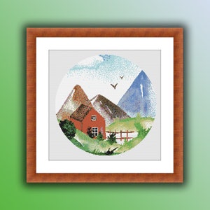 Aquarell Frühling Berge und Haus Landschaft Kreuzstich PDF Muster, Regenwald Kreuzstichmuster, moderne Kreuzstichvorlage